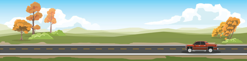 Travels of pickup car with driving for banner. Asphalt road near the meadow with spring tree. Under clear sky and white clouds. Copy Space Flat Vector. © thongchainak