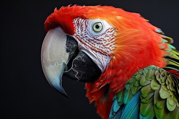 Fototapeta premium Portrait macro of Illiger's Macaw on the dark background AI Generative