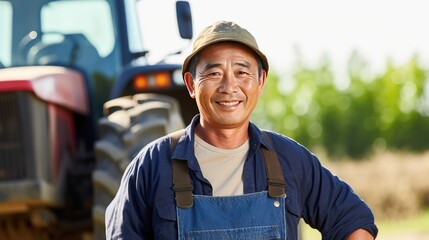 Asian middle age male farmer standing next to the tractor