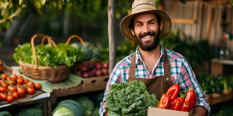 Fototapeta premium Agriculturist with fresh produce, ready for the day's market customers. Organic farming