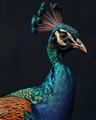 Obraz premium Beautiful majestic blue peacock isolated on black AI Generative