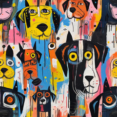 Seamless pattern modern art dogs bright bold colors with paint and brushstroke texture art house style background wallpaper