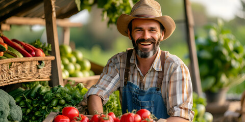 Happy farmer at a vegetable stand with fresh tomatoes in the foreground