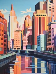 Art Deco City Buildings Riverside Painting: City by the River