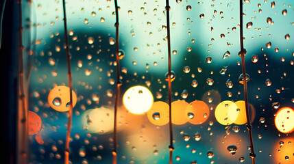 Rainy Night with Blue Water Droplets, Wet Window and Abstract Raindrops, Dark and Moody Background, Urban and Street Reflection, Blurred and Bokeh Light Texture