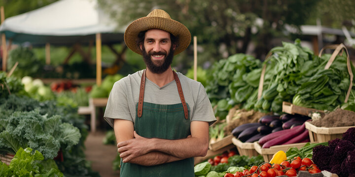 Bearded man with a warm smile selling organic produce at a farmer's market