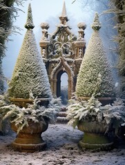 Obraz premium Frozen Elegance: Baroque Garden Topiaries in a Winter Wonderland