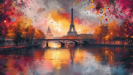 Watercolor sunset in Paris landscape - obrazy, fototapety, plakaty