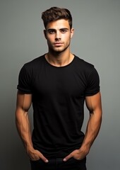 Fototapeta premium young male model in a black T-shirt on a gray background