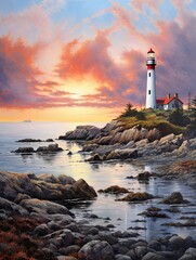 Coastal New England Lighthouses at Dawn: Serene Early Morning Lighthouse Scene