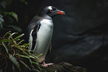 Fototapeta premium Portrait majestic of Penguin Adelie standing on the stone AI Generative