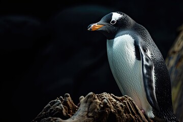 Side view portrait of Penguin Adelie standing on old log AI Generative