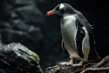Portrait of Penguin Adelie standing on stone with light exposure AI Generative