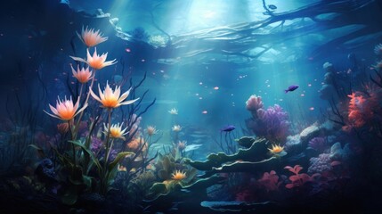  a painting of an underwater scene with corals and other marine life in the foreground and sunlight streaming through the water.