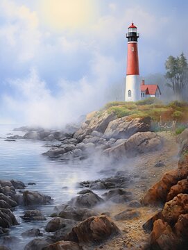 Coastal New England Lighthouses: Misty Morning Fog Paintings of Enchanting Lighthouse Scenes