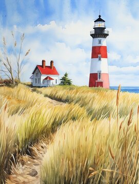 Coastal Lighthouse Meadow: Serene New England Scene