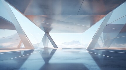 d render of abstract futuristic glass architecture with empty concrete floor  AI generated - obrazy, fototapety, plakaty