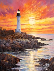 Naklejka premium Coastal New England Lighthouses Sunset Painting: Captivating Lighthouse in Sunset Glow