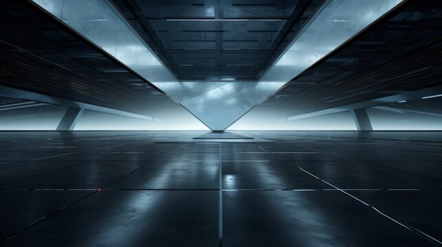 d render of abstract futuristic glass architecture with empty concrete floor AI generated