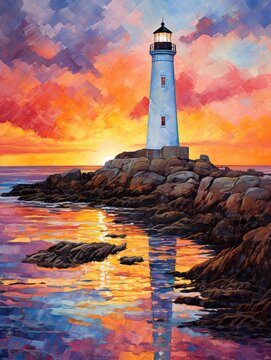 Coastal New England Lighthouses: Sunset Glow Over Lighthouse Painting