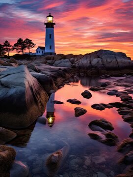 Coastal New England Lighthouses Twilight Landscape: Dusk Draws Near