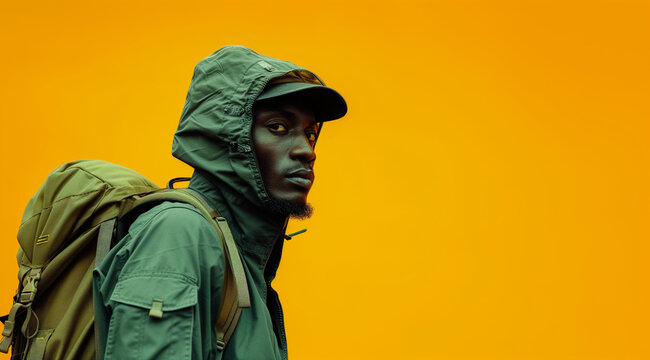 Refugee in camouflage clothing on a yellow background