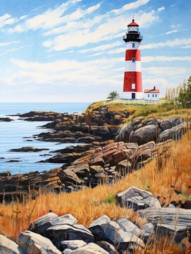 Coastal New England Lighthouses Valley Landscape: Lighthouse Overlooking Tranquil Valley