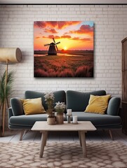 Dutch Windmills at Sunset: Canvas Print of Rustic Windmill Landscape