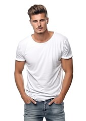 Man in white t-shirt and jeans standing on a white background