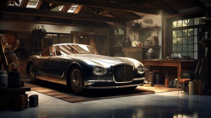 A beautiful luxurious car sitting in a home garage awaiting professional repair and servicing  AI generated - obrazy, fototapety, plakaty