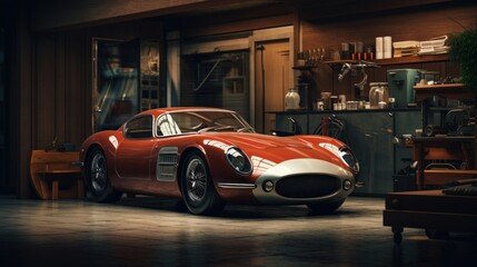 A beautiful luxurious car sitting in a home garage awaiting professional repair and servicing AI generated