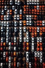 A birds eye view of a dealership packed with shiny new cars from various manufacturers in a sale event  AI generated