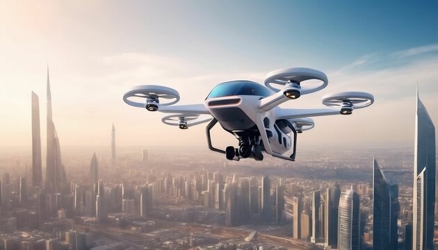futuristic manned roto passenger drone flying in the sky over modern city for future air transportation and robotaxi concept as wide banner with copy space area created with generative ai
