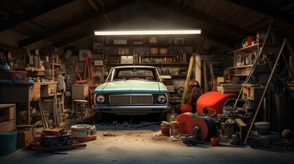 A car parked in a home garage cluttered with tools and equipment  AI generated
