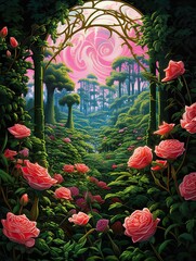 Obraz na płótnie Canvas Enchanted Rose Gardens: Blooming Rose Landscape Digital Wall Art