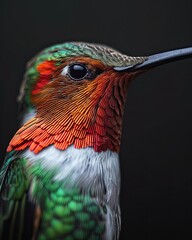 Portrait of Ruby-Throated Hummingbird side view on darn background AI Generative - obrazy, fototapety, plakaty