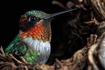 Obraz premium Majestic of Ruby-Throated Hummingbird on the dark background AI Generative