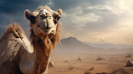 Foto op Plexiglas  a camel standing in the middle of a desert with a mountain in the back ground and a cloudy sky in the background. © Olga