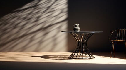 A chic metal table for product display contrasted with the interplay of soft shadows and sunlight  AI generated - obrazy, fototapety, plakaty