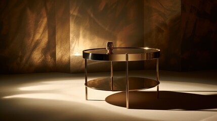 A chic metal table for product display contrasted with the interplay of soft shadows and sunlight AI generated - obrazy, fototapety, plakaty
