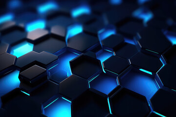 Hexagonal geometric ultra wide background. Abstract blue of futuristic. Sci fi banner, cover. 3d render illustration.