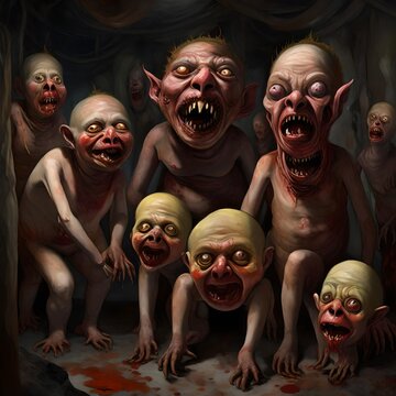 digital oil painting of ugly monsters their bodies bloated with blood splatters