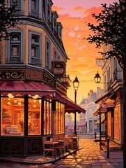 Dawn Glow: French Patisserie Storefronts, Morning Artwork