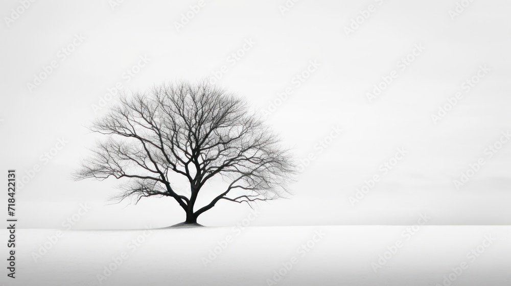 Wall mural a black and white photo of a lone tree in the middle of a snowy field with no leaves on it.