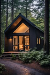 A cozy small wooden house with a sleek metal roof designed in modern Scandinavian style deep in the forest AI generated