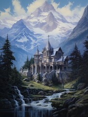 Majestic Gothic Victorian Mansions amidst Towering Peaks: A Mountain Landscape Art Odyssey