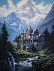 Afwasbaar Fotobehang Grijs Majestic Gothic Victorian Mansions amidst Towering Peaks: A Mountain Landscape Art Odyssey
