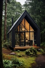 Fototapeta na wymiar A cozy small wooden house with a sleek metal roof designed in modern Scandinavian style deep in the forest AI generated