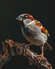 Portrait beautiful of Sparrow standing on old log AI Generative