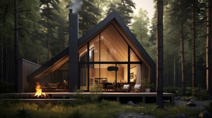 A cozy small wooden house with a sleek metal roof designed in modern Scandinavian style deep in the forest  AI generated